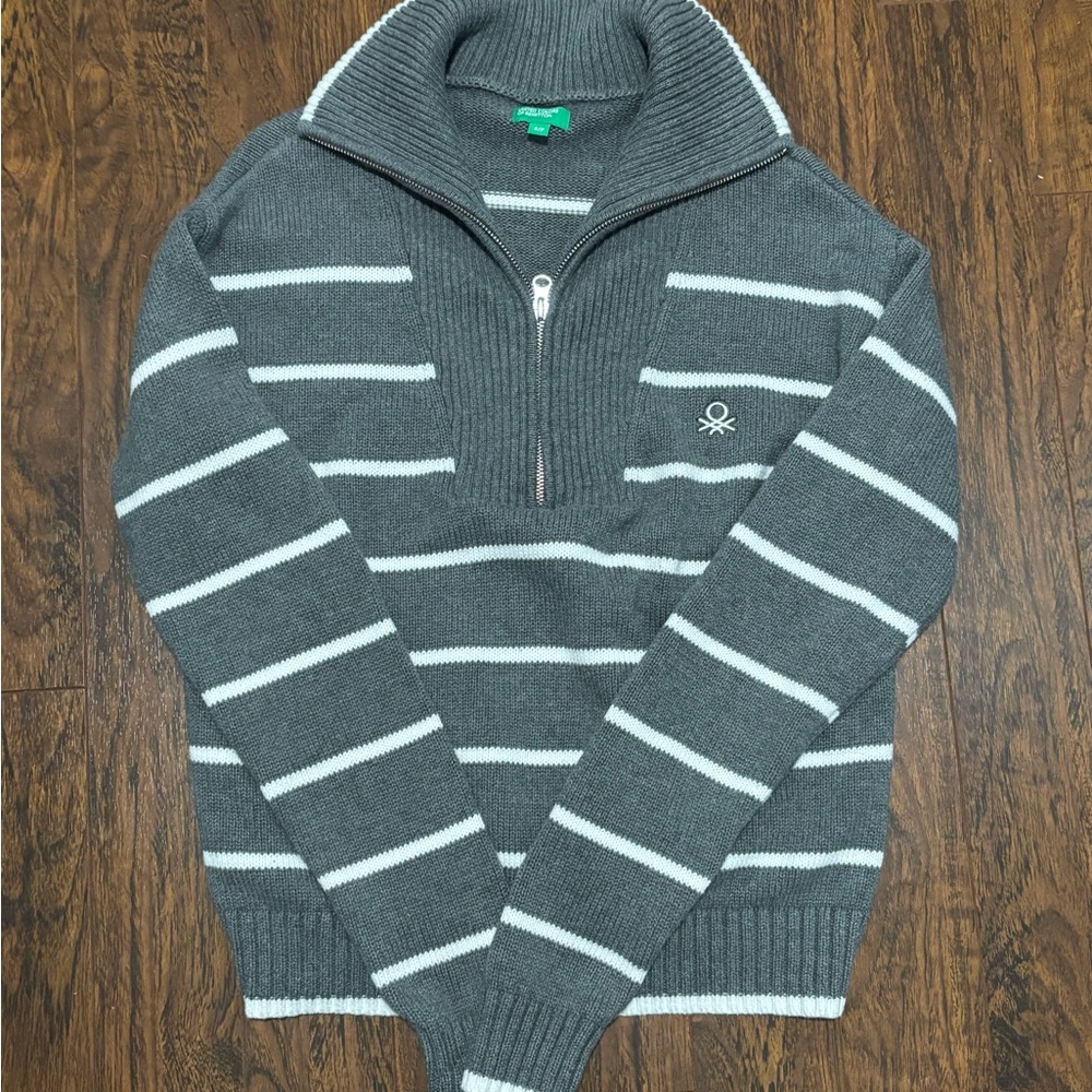 United Colors Of Benetton Gray and White Zip Up Sweater - 100% Cotton